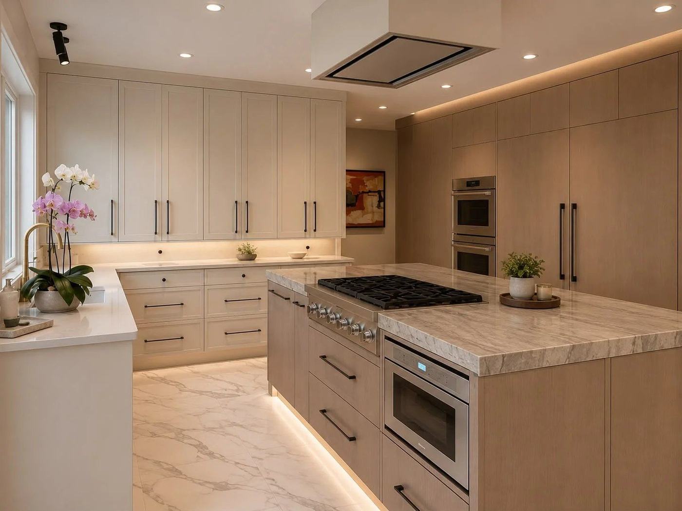 Kitchen with cream and oak cabinets, a quartzite cooktop island and a flush ceiling hood in Kleinburg, by NewGen Renovations Vaughan