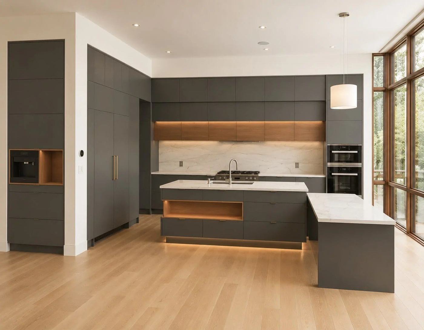 Kitchen with grey flat-panel cabinets, walnut accent shelving and a wall of windows in Woodbridge, by NewGen Renovations Vaughan